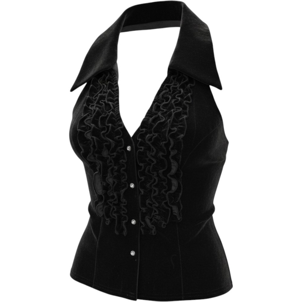Ronni Nicole Black Velvet Ruffle Halter Top Rhinestone Button XL Goth Y2K Femme